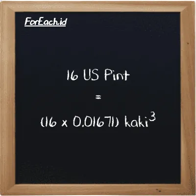 Cara konversi US Pint ke kaki<sup>3</sup> (pt ke ft<sup>3</sup>): 16 US Pint (pt) setara dengan 16 dikalikan dengan 0.01671 kaki<sup>3</sup> (ft<sup>3</sup>)