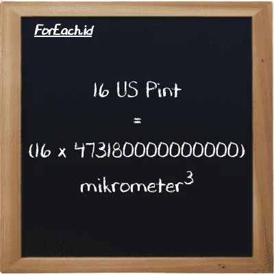 Cara konversi US Pint ke mikrometer<sup>3</sup> (pt ke µm<sup>3</sup>): 16 US Pint (pt) setara dengan 16 dikalikan dengan 473180000000000 mikrometer<sup>3</sup> (µm<sup>3</sup>)