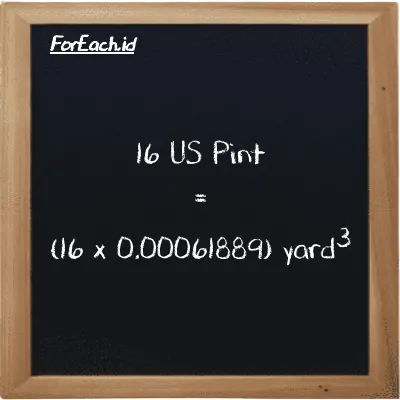 Cara konversi US Pint ke yard<sup>3</sup> (pt ke yd<sup>3</sup>): 16 US Pint (pt) setara dengan 16 dikalikan dengan 0.00061889 yard<sup>3</sup> (yd<sup>3</sup>)