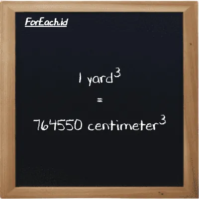 1 yard<sup>3</sup> setara dengan 764550 centimeter<sup>3</sup> (1 yd<sup>3</sup> setara dengan 764550 cm<sup>3</sup>)