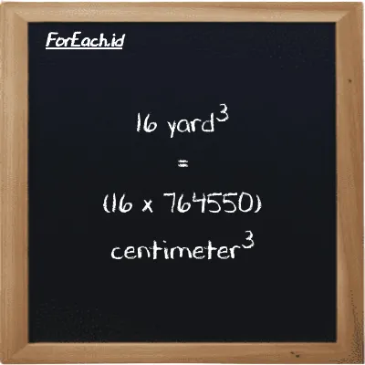 Cara konversi yard<sup>3</sup> ke centimeter<sup>3</sup> (yd<sup>3</sup> ke cm<sup>3</sup>): 16 yard<sup>3</sup> (yd<sup>3</sup>) setara dengan 16 dikalikan dengan 764550 centimeter<sup>3</sup> (cm<sup>3</sup>)