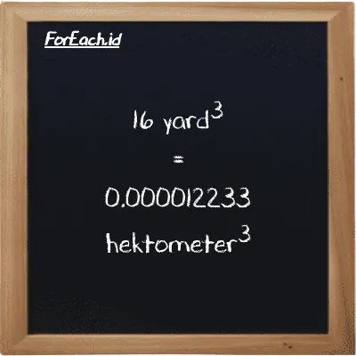 16 yard<sup>3</sup> setara dengan 0.000012233 hektometer<sup>3</sup> (16 yd<sup>3</sup> setara dengan 0.000012233 hm<sup>3</sup>)