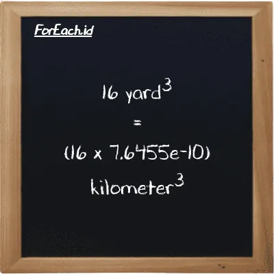 Cara konversi yard<sup>3</sup> ke kilometer<sup>3</sup> (yd<sup>3</sup> ke km<sup>3</sup>): 16 yard<sup>3</sup> (yd<sup>3</sup>) setara dengan 16 dikalikan dengan 7.6455e-10 kilometer<sup>3</sup> (km<sup>3</sup>)