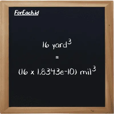 Cara konversi yard<sup>3</sup> ke mil<sup>3</sup> (yd<sup>3</sup> ke mi<sup>3</sup>): 16 yard<sup>3</sup> (yd<sup>3</sup>) setara dengan 16 dikalikan dengan 1.8343e-10 mil<sup>3</sup> (mi<sup>3</sup>)