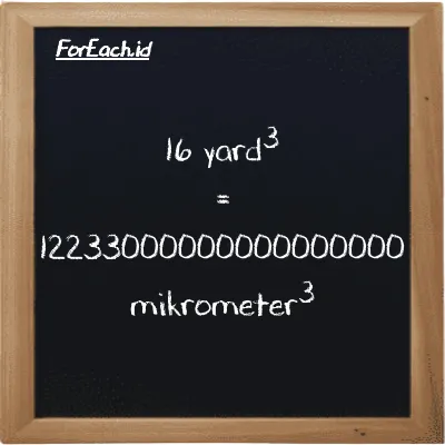 16 yard<sup>3</sup> setara dengan 12233000000000000000 mikrometer<sup>3</sup> (16 yd<sup>3</sup> setara dengan 12233000000000000000 µm<sup>3</sup>)